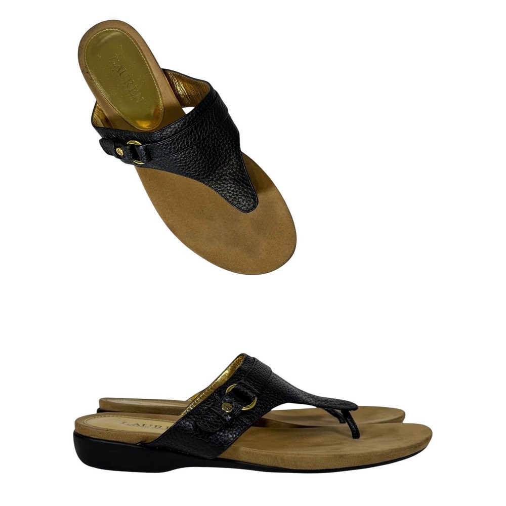 Lauren Ralph Lauren Krystal‎ Black Gold Pebbled Thong Sandals Slip On Women's 9B
